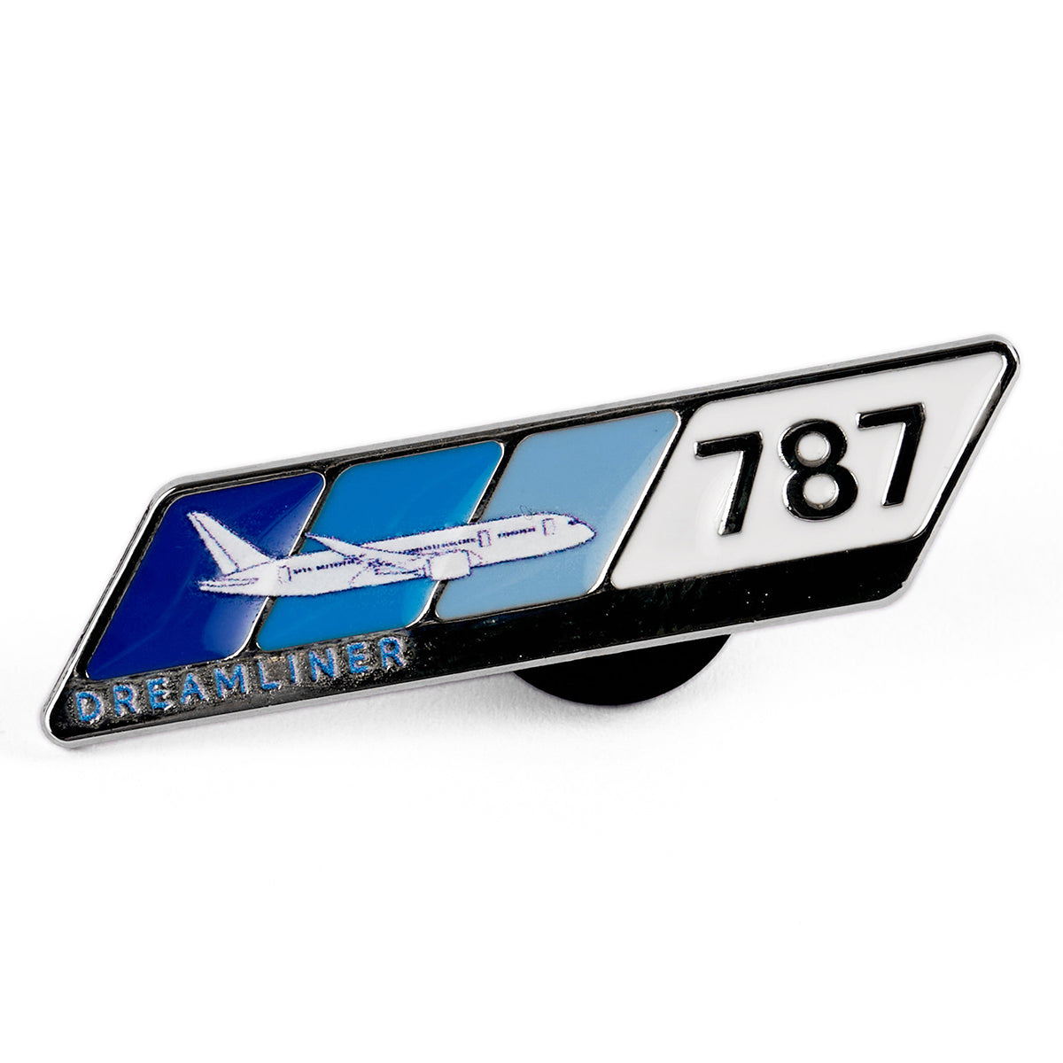The Boeing 787 Dreamliner Velocity Lapel Pin by Boeing showcases a stylish blue and white plane design, ideal for aviation fans. It features three blue panels, Boeing 787 Dreamliner at the bottom, and the number 787 on the right side.