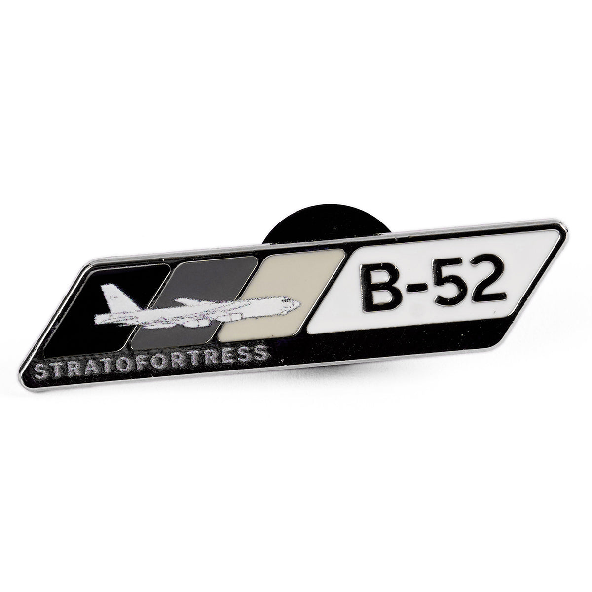 Aviation fans will adore the Boeing B-52 Velocity Lapel Pin by Boeing, showcasing an airplane silhouette on a background segmented into black, gray, and white with the STRATOFORTRESS and Boeing B-52 labels.
