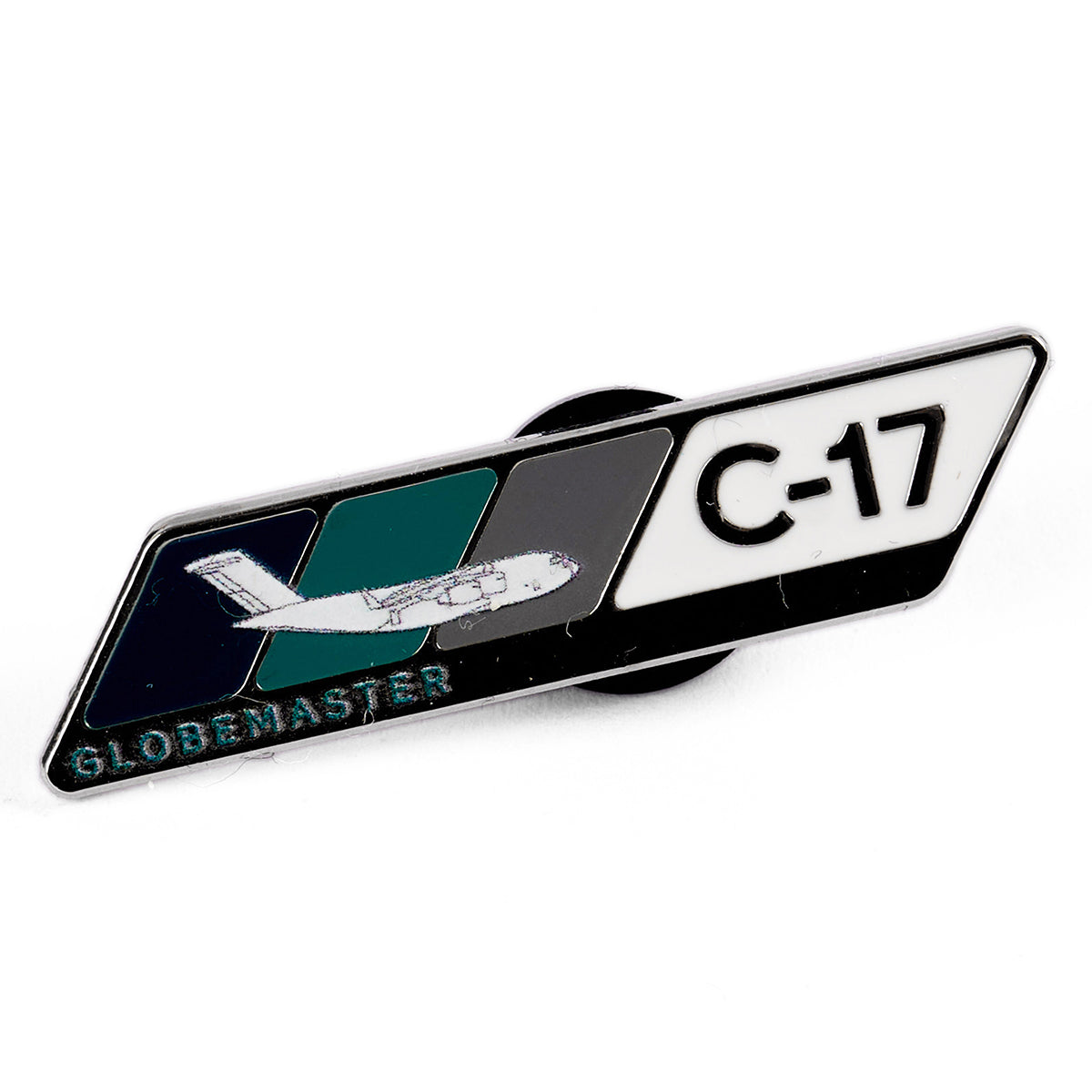 The Boeing C-17 Globemaster Velocity Lapel Pin features a sleek design of the aircraft in black on white, with GLOBEMASTER elegantly inscribed. Ideal for aviation lovers, its angled rectangular shape is accented by a striking black and green design.
