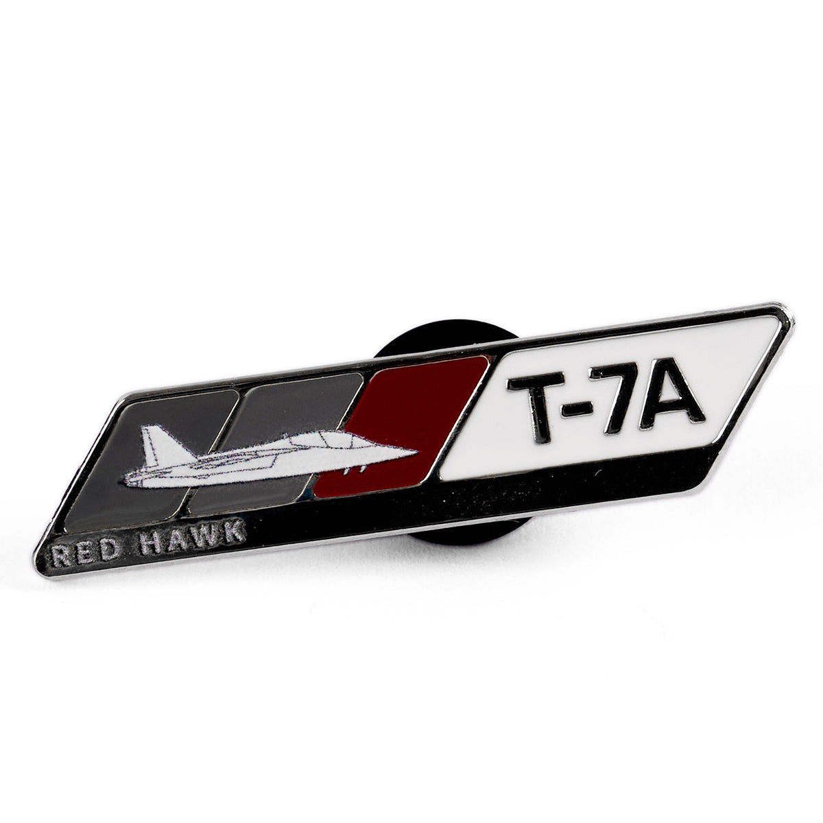 The Boeing T-7A Red Hawk Velocity Lapel Pin features a striking rectangular design with the jet illustration, T-7A, RED HAWK, and a red stripe against black and white elements—perfect for aviation enthusiasts.