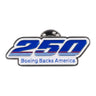 The Boeing America 250 Lapel Pin by BOEING features bold blue "250" with red accents and "Boeing Backs America" on a white background—ideal for proud supporters.