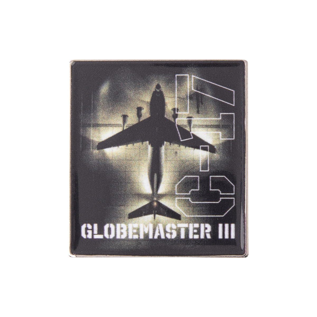 Square metal Boeing C-17 Globemaster Graphic Lapel Pin featuring a silhouette of a C-17 Globemaster III transport aircraft with the text C-17 and GLOBEMASTER III.