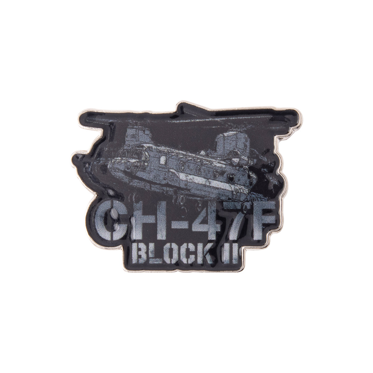 Boeing CH-47F Block II Graphic Lapel Pin shaped like a tandem-rotor helicopter with CH-47F BLOCK II text, ideal for aviation enthusiasts.