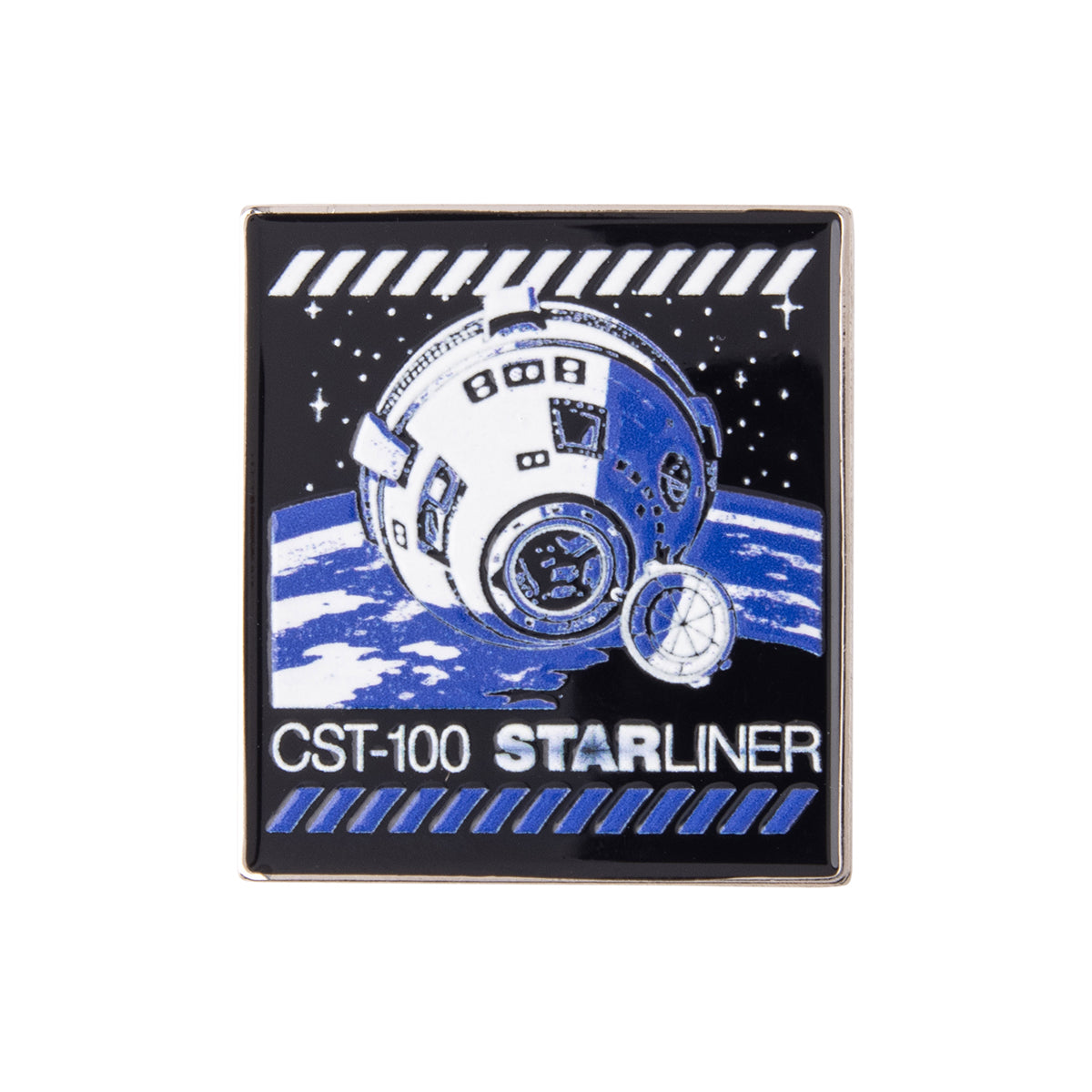 Boeing CST-100 Starliner Graphic Lapel Pin featuring a square design with a Starliner capsule in orbit above Earth and the text CST-100 STARLINER at the bottom.