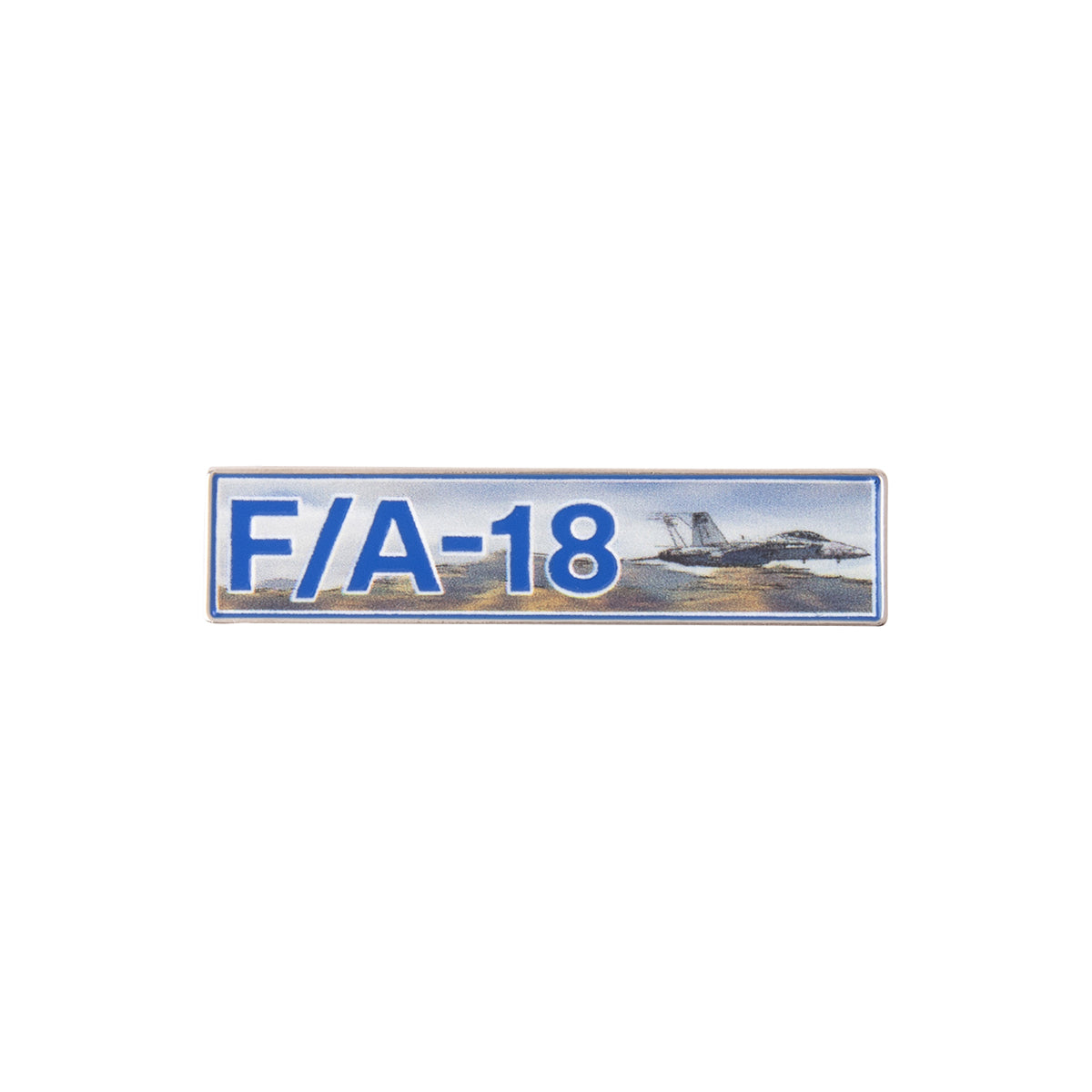Boeing F/A-18 Super Hornet Graphic Lapel Pin featuring the text F/A-18 and an illustration of an F/A-18 Super Hornet fighter jet on a rectangular pin.