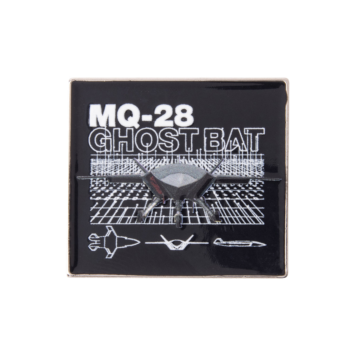 Boeing MQ-28 Ghost Bat Graphic Lapel Pin featuring a square design with a stylized drone graphic, the text MQ-28 GHOST BAT, and three aircraft silhouettes on a black background.