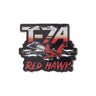 Boeing T-7A Red Hawk Graphic Lapel Pin featuring a red T-7A Red Hawk fighter jet, a collectible for aviation enthusiasts.