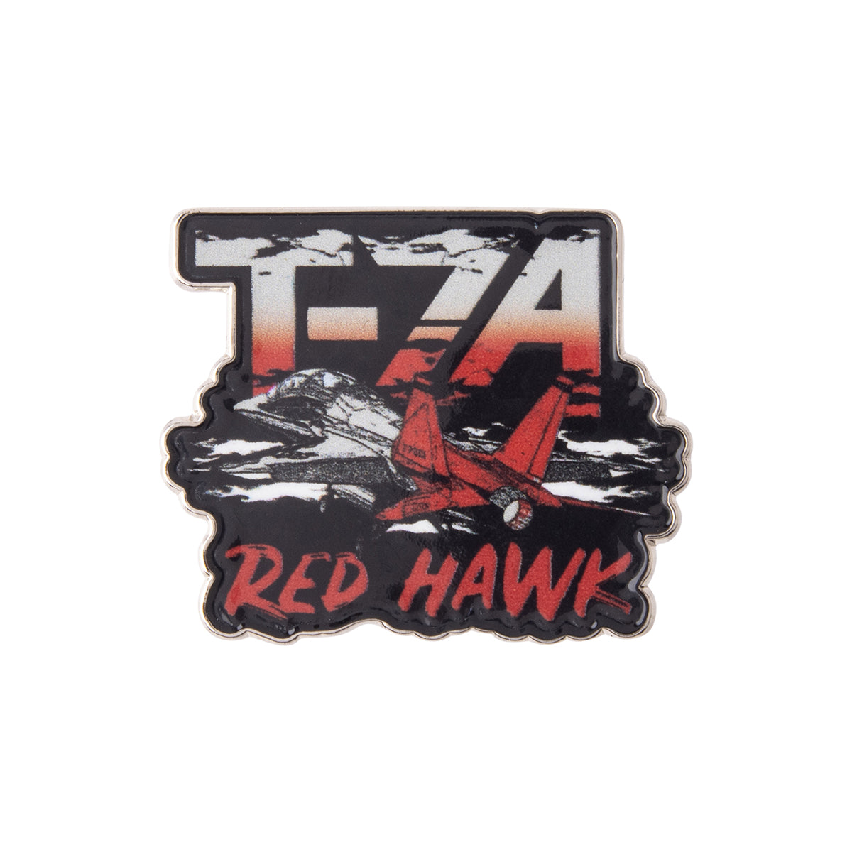 Boeing T-7A Red Hawk Graphic Lapel Pin featuring a red T-7A Red Hawk fighter jet, a collectible for aviation enthusiasts.