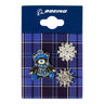 The Boeing 2026 Jet Snowflake Lapel Pin Set by BOEING includes three soft enamel pins—featuring a bear in winter attire with signature Boeing branding and two silver snowflake designs—arranged on a blue plaid card with the Boeing logo at the top, making them perfect holiday collectible pins for any fan.