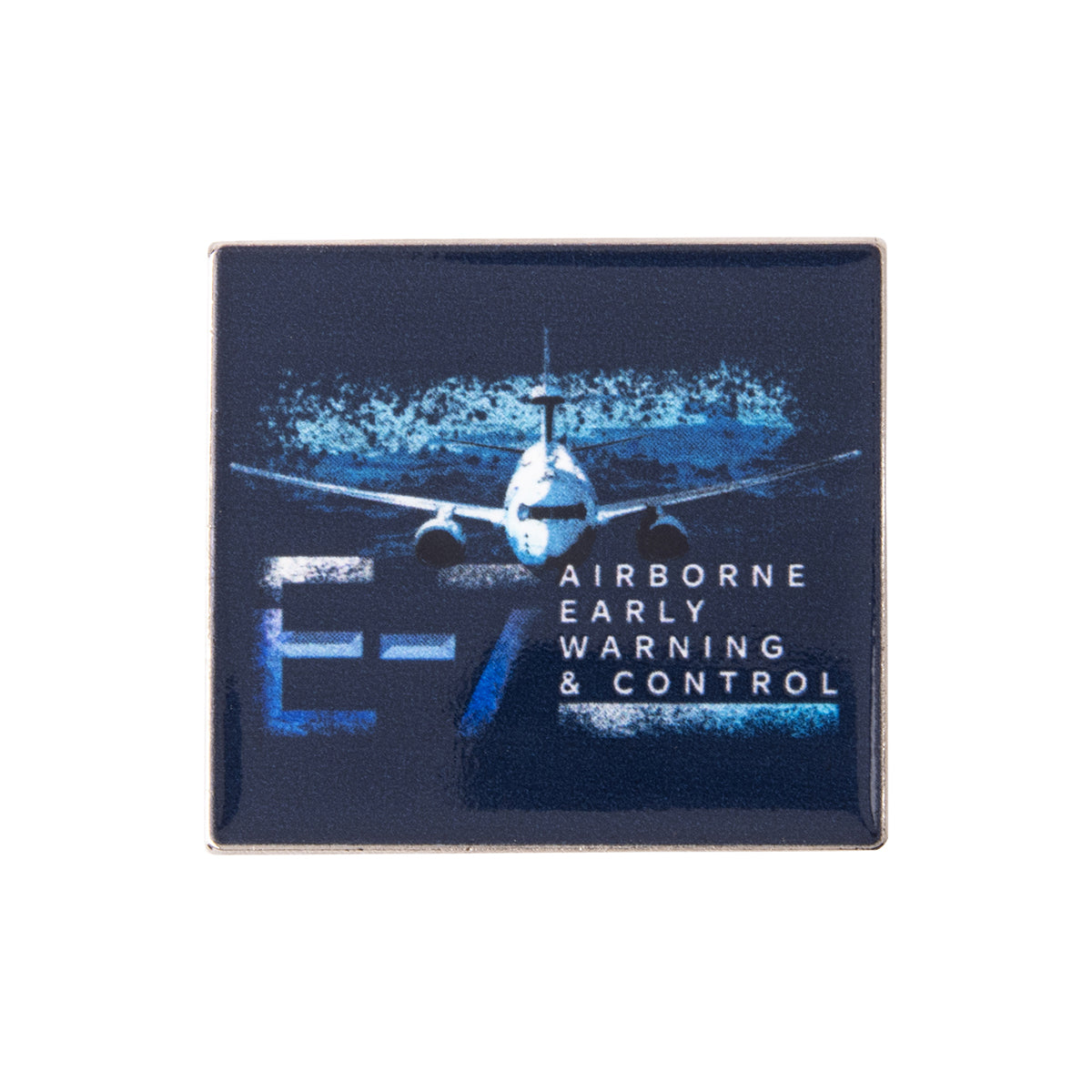 Square Boeing E-7 Wedgetail Graphic Lapel Pin featuring a graphic of an E-7 Wedgetail airplane with the text E-7 AIRBORNE EARLY WARNING & CONTROL, perfect for aviation enthusiasts.