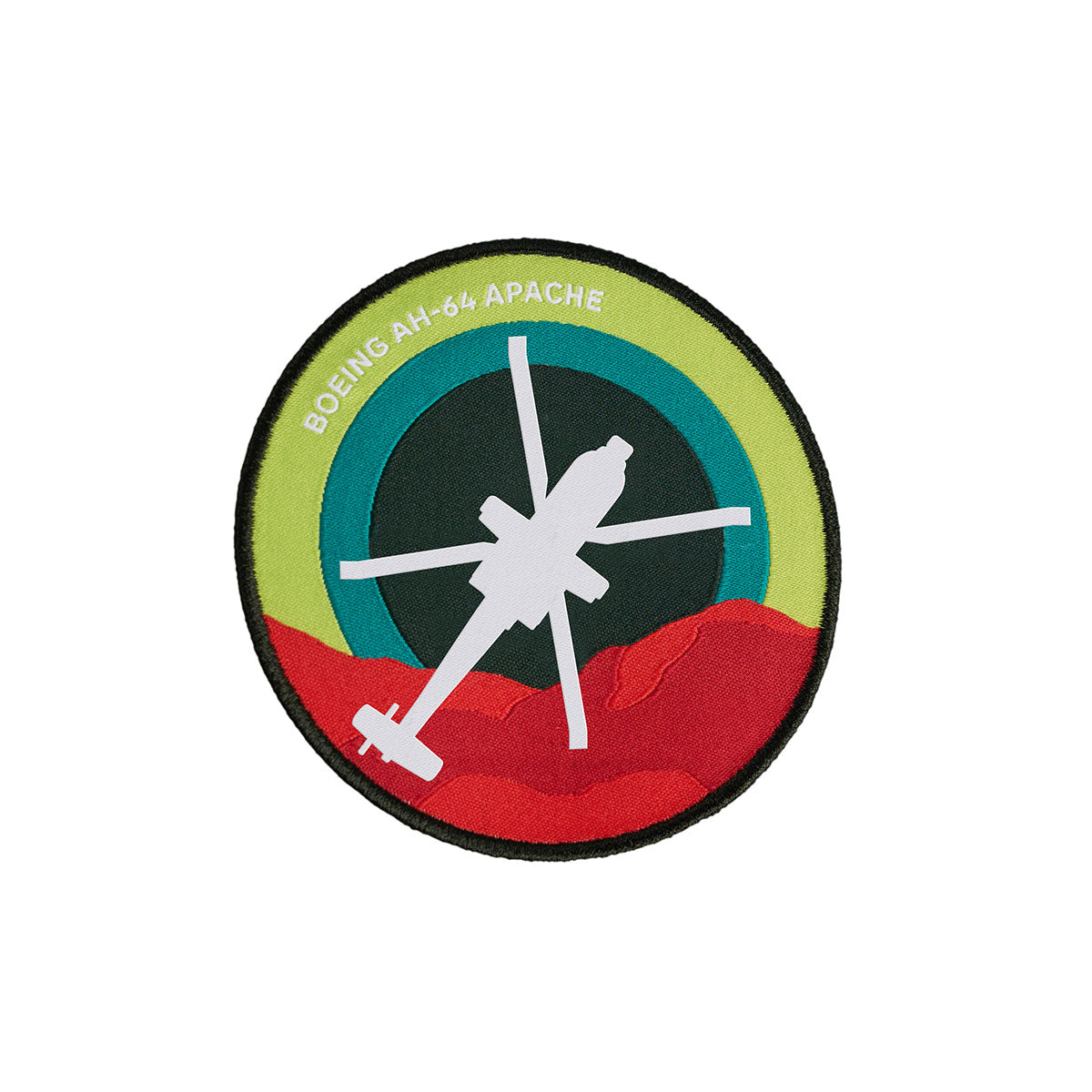 The Boeing AH-64 Apache Skyward Patch features a woven roundel design with a white helicopter silhouette on a green and dark green background with red hills, and the words BOEING AH-64 APACHE elegantly curved along the top edge.