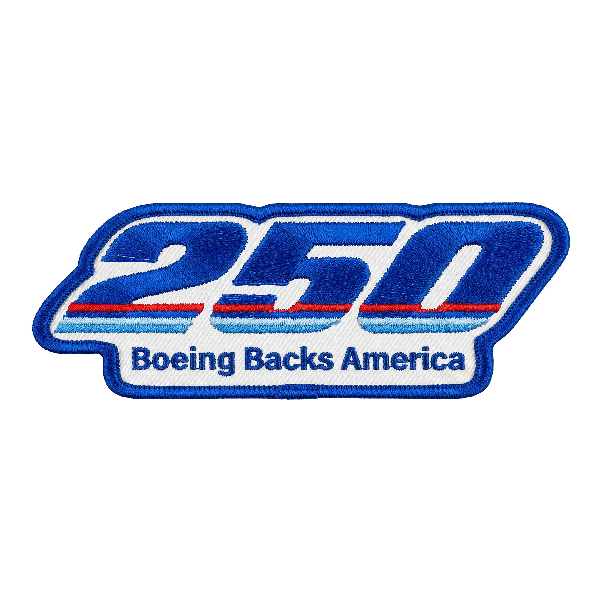 The Boeing America 250 Sublimated Patch by BOEING features a blue, white, and red design with "250" in bold blue letters above the words "Boeing Backs America.