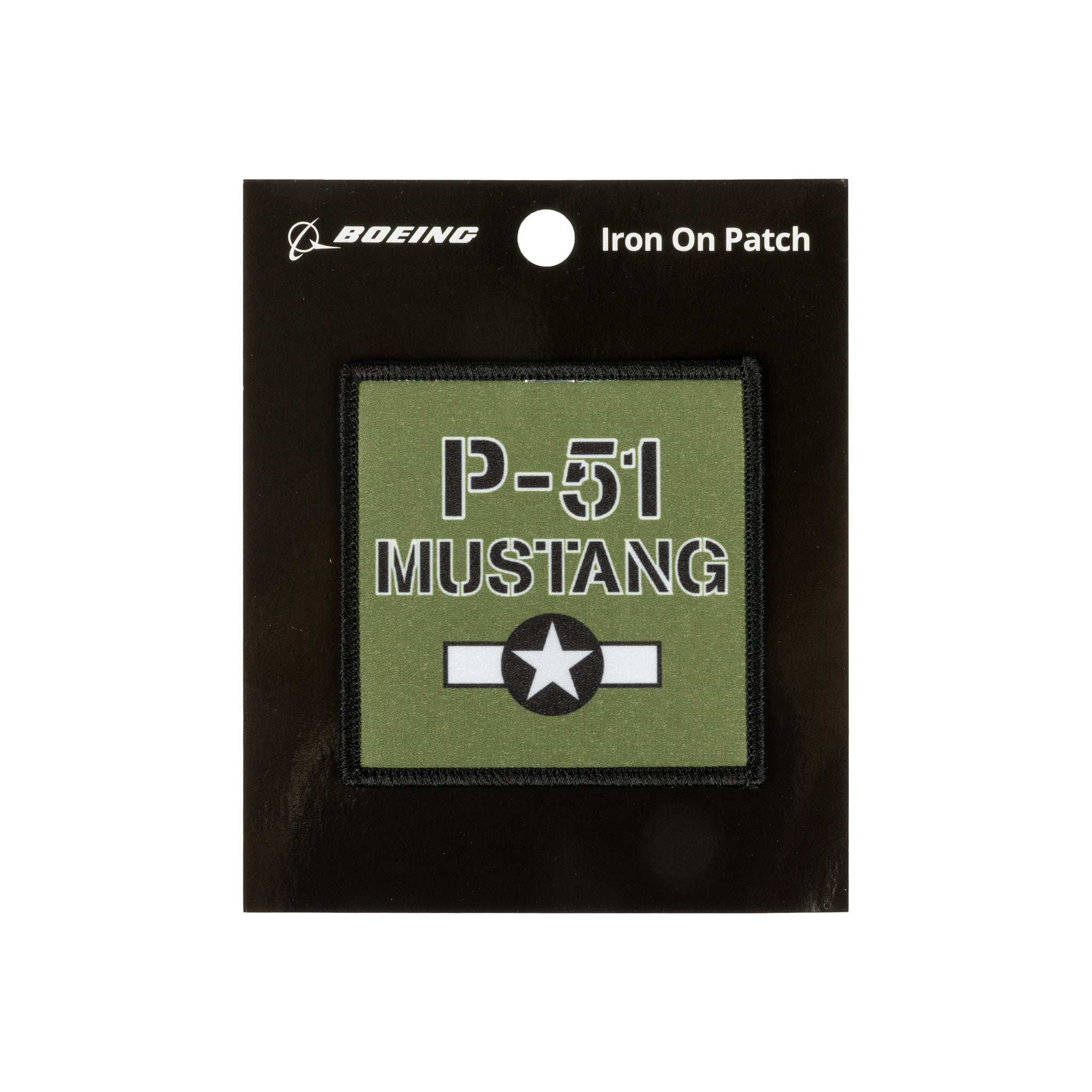A green square Boeing P-51 Mustang Sublimated Patch by BOEING, showcasing a bold white star insignia, comes displayed on black packaging labeled "Boeing Iron On Patch"—making it the perfect aviation patch for enthusiasts and collectors alike.