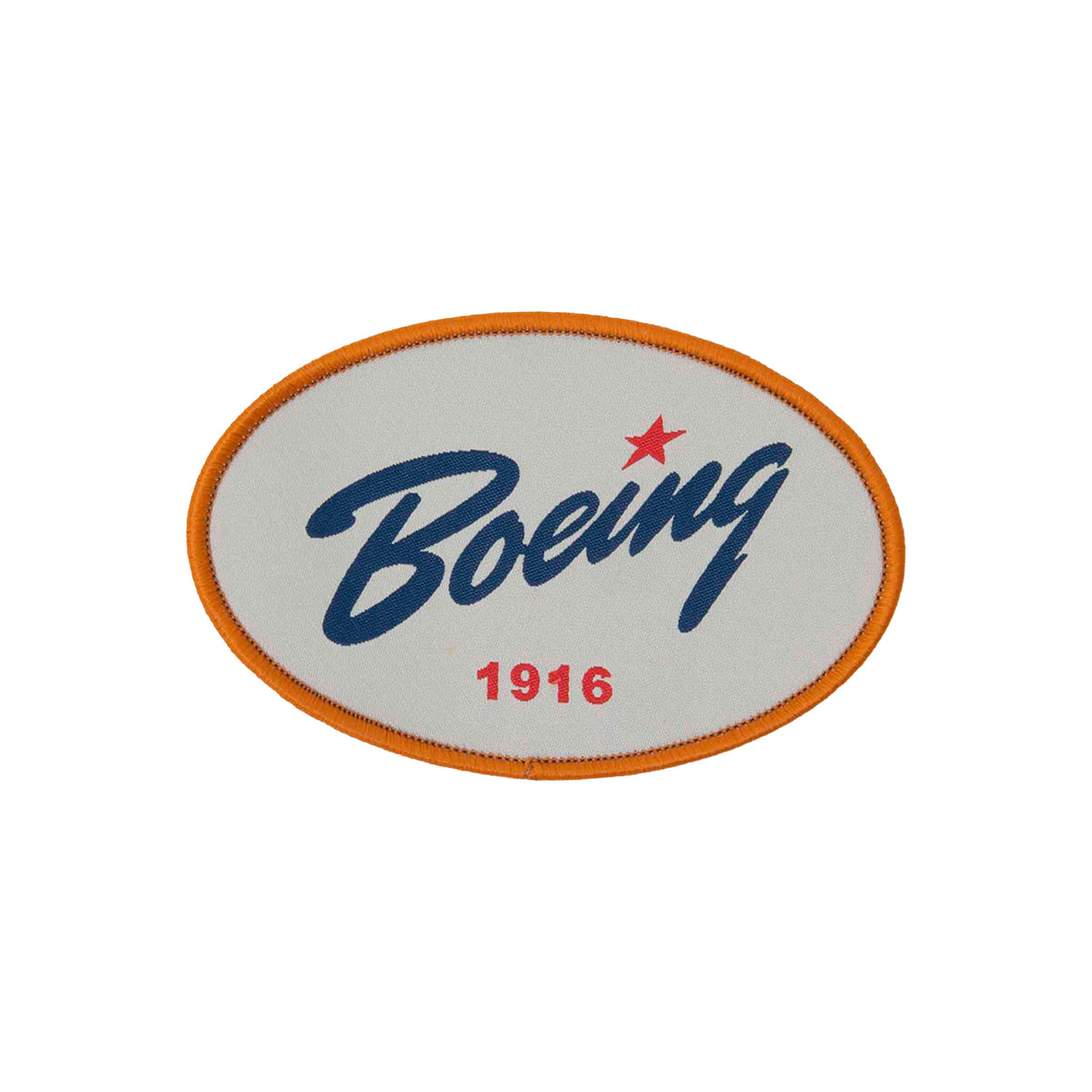 The Boeing Heritage Script 1916 Patch by BOEING features an oval design with an orange border, blue script, a red star above the “i,” and “1916” in red below on a light background.