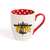 Rosie we can do it quote overlay on navy blue Boeing B-17 printed on white mug.  Red handle with red inner side with white polka dots. 