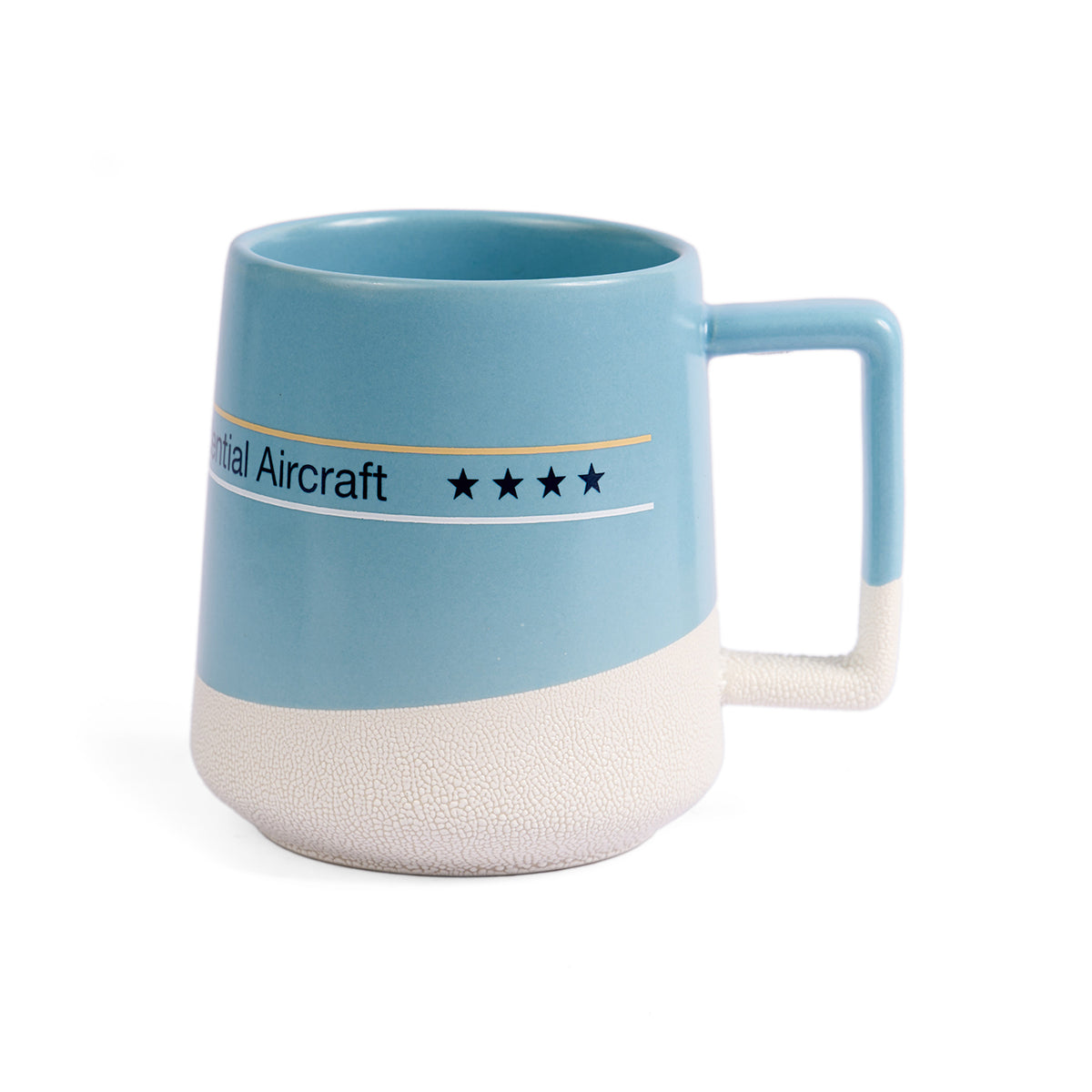 Light blue ceramic mug with a textured white base, featuring a bold line design and four black stars. Text reads “Presidential Aircraft.”