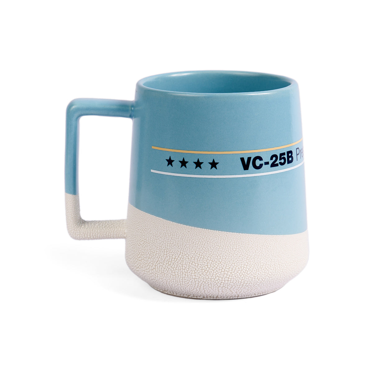 Light blue ceramic mug with a textured white base, featuring four stars and "VC-25B" printed on the side. The handle is squared, conveying a sleek, modern design.