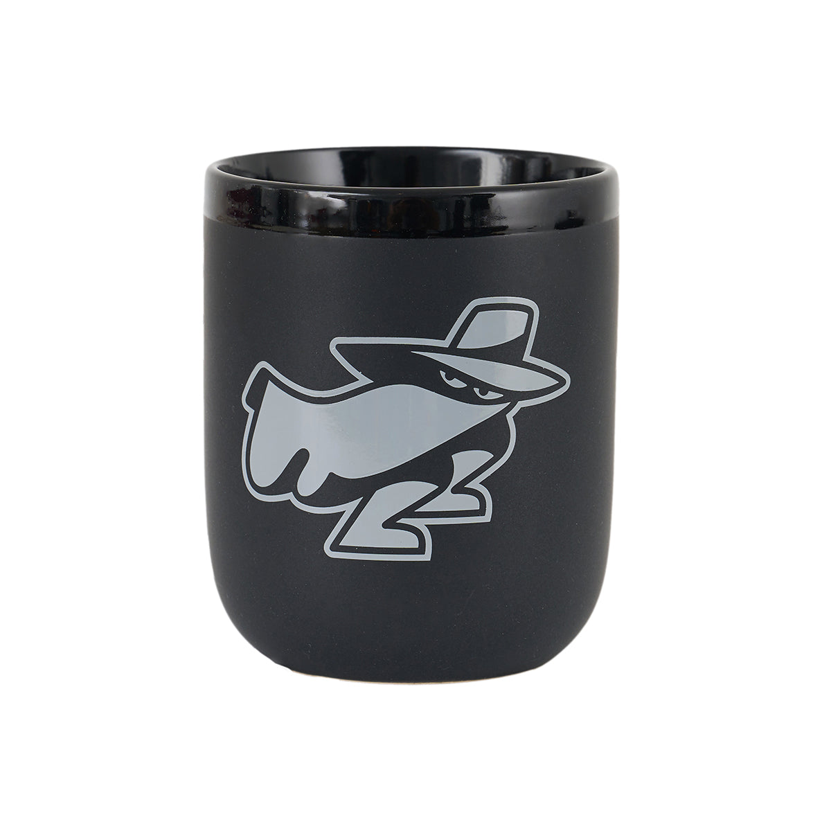 The BOEING Phantom Works 2025 Ceramic Mug is matte black with a gray and white cartoon character in a wide-brimmed hat and mask, evoking mystery and covert ingenuity—perfect for fans of Boeing Phantom Works.