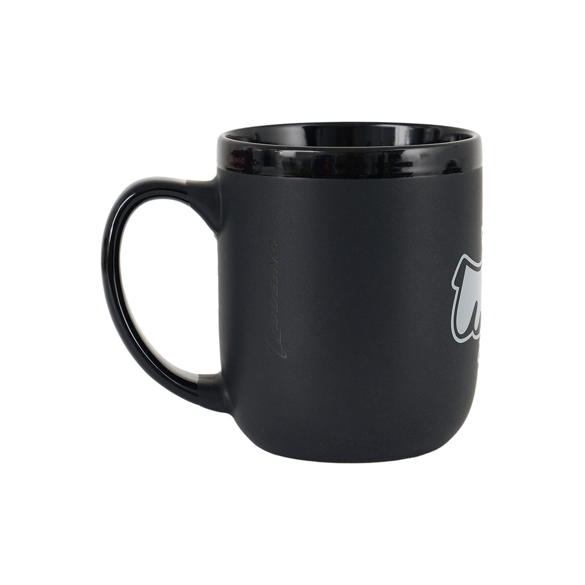 The BOEING Phantom Works 2025 Ceramic Mug has a glossy black exterior, black handle and interior, and a partial white graphic on the right side, inspired by aerospace technology and photographed against a plain white background.