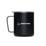 The MiiR Boeing 12 oz Camp Mug features black stainless steel, a handle, clear lid, and the white BOEING logo. Its double-wall vacuum insulation keeps drinks hot or cold for longer.