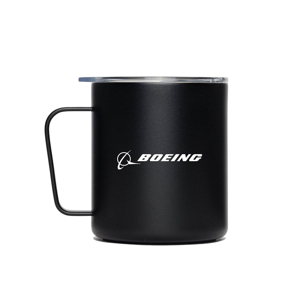 The MiiR Boeing 12 oz Camp Mug features black stainless steel, a handle, clear lid, and the white BOEING logo. Its double-wall vacuum insulation keeps drinks hot or cold for longer.