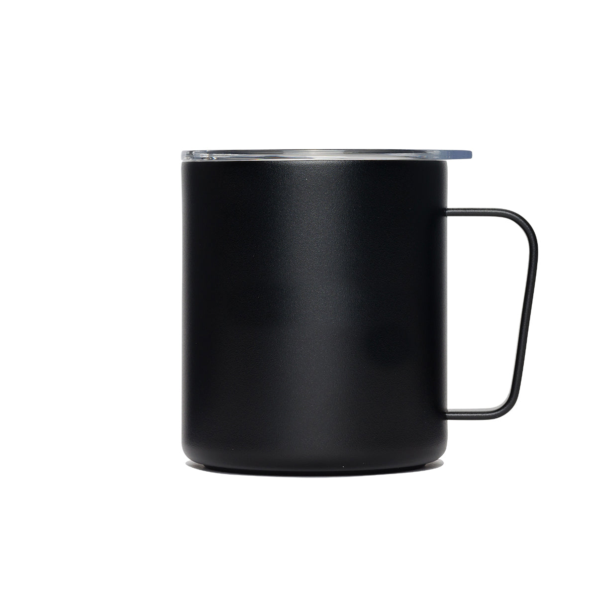 The BOEING MiiR 12 oz Camp Mug features a black matte finish, handle, clear lid, and double-wall vacuum-insulated stainless steel design, shown against a white background.
