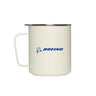 The cream-colored MiiR Boeing 12 oz Camp Mug features a handle, silver lid, and blue Boeing logo and text. Made from double-wall vacuum insulated stainless steel, it keeps drinks hot or cold longer. Brand: BOEING.