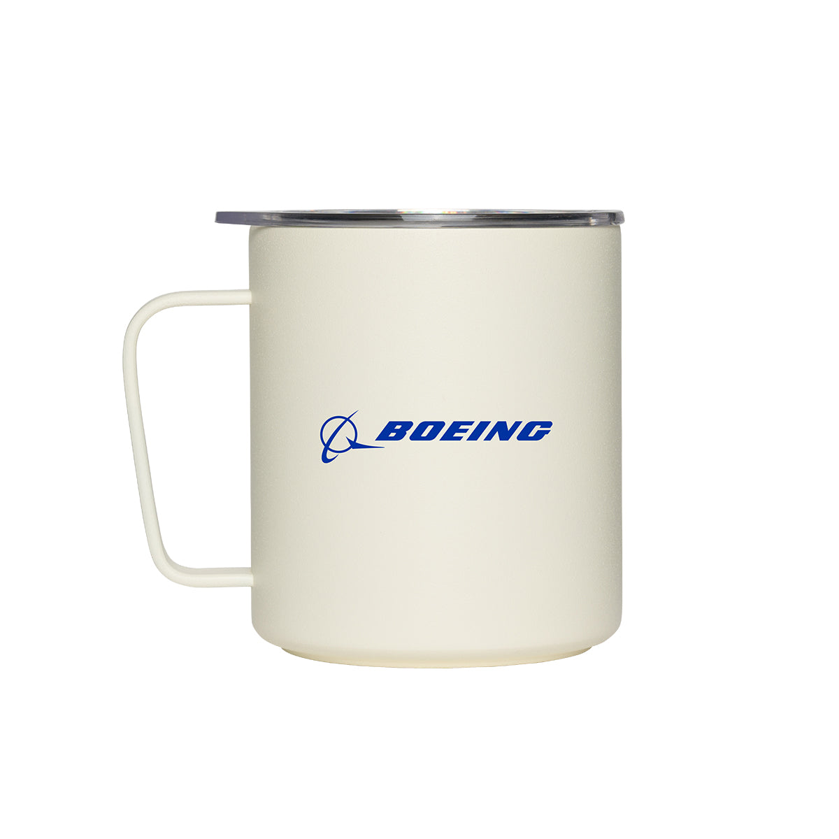 The cream-colored MiiR Boeing 12 oz Camp Mug features a handle, silver lid, and blue Boeing logo and text. Made from double-wall vacuum insulated stainless steel, it keeps drinks hot or cold longer. Brand: BOEING.