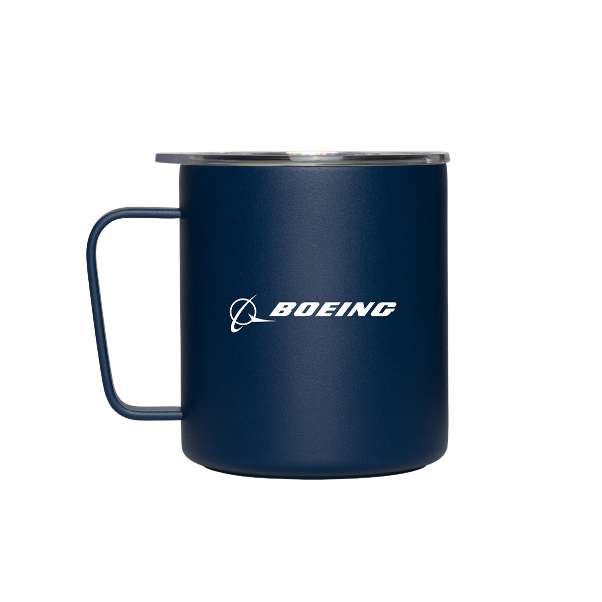 The MiiR Boeing 12 oz Camp Mug is a navy blue stainless steel mug with a handle and clear lid, featuring the white Boeing logo. This insulated mug by BOEING keeps drinks hot or cold with reliable vacuum insulation.