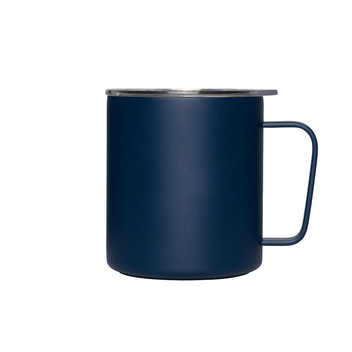 The BOEING MiiR 12 oz Camp Mug, featuring matte navy blue finish, handle, and clear lid, is made from double-wall vacuum insulated stainless steel and displayed against a plain white background.