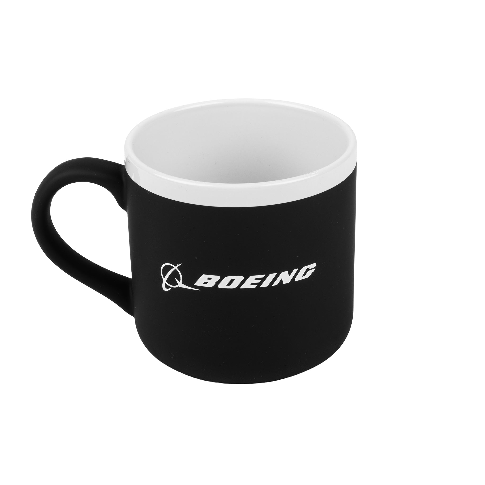 Bring aviation history into your daily routine with the Boeing Signature Logo 12 oz Mug by BOEING, featuring a sleek black ceramic exterior, crisp white interior, and the iconic Boeing logo printed in white on the side.