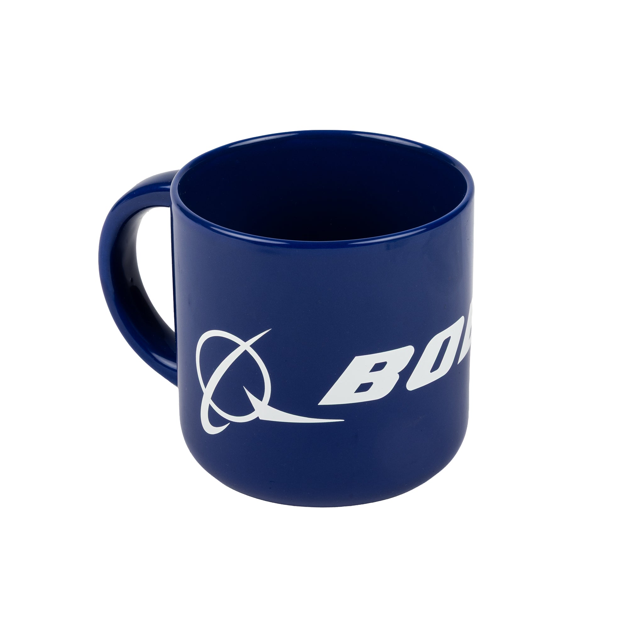 The Boeing Signature Enlarged Logo 14 oz Mug by BOEING is a blue ceramic mug displaying the bold white company logo and part of the Boeing name on its side, set against a plain white background—the ideal aviation mug for enthusiasts and professionals alike.