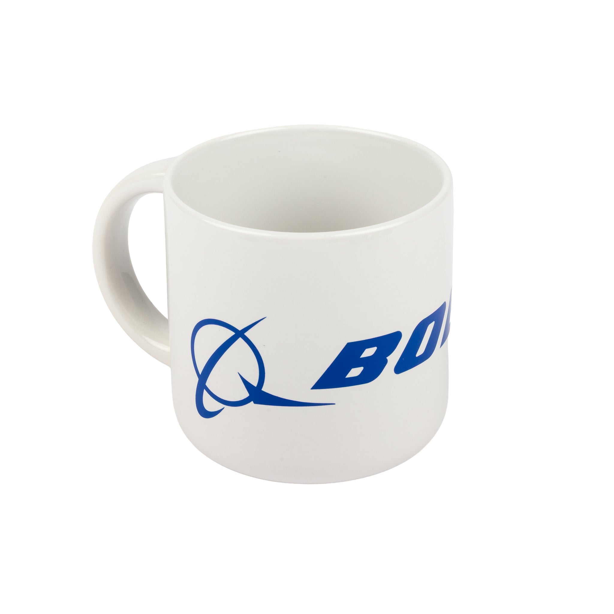 The Boeing Signature Enlarged Logo 14 oz Mug by BOEING is a white ceramic mug featuring an enlarged blue Boeing logo and partial text, displayed from an angled top view on a plain white background—an ideal aviation mug for enthusiasts and collectors alike.