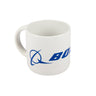 The Boeing Signature Enlarged Logo 14 oz Mug by BOEING is a white ceramic mug featuring an enlarged blue Boeing logo and partial text, displayed from an angled top view on a plain white background—an ideal aviation mug for enthusiasts and collectors alike.