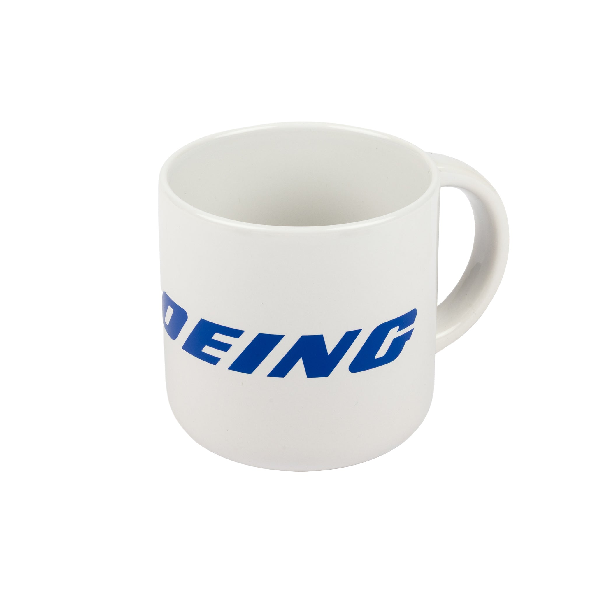 A white ceramic Boeing Signature Enlarged Logo 14 oz Mug, featuring the brand name BOEING in bold blue letters on the side, photographed against a plain white background.