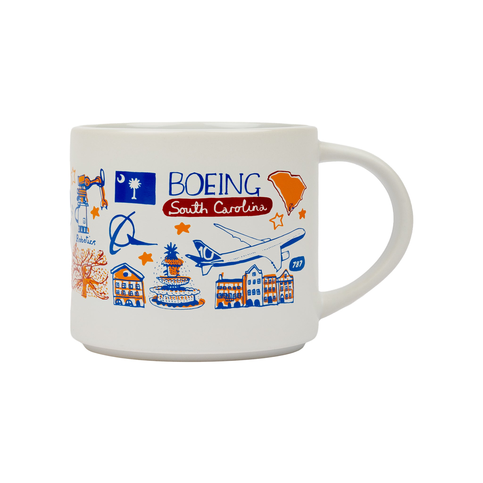 The Boeing South Carolina Destination Riviera Mug by BOEING features blue and orange illustrations with the Boeing logo, an airplane, the South Carolina state outline, a palmetto tree, buildings, a fountain, and stars. Showcasing charming artwork by Julia Gash that playfully captures local icons, this white mug has its handle on the right side.
