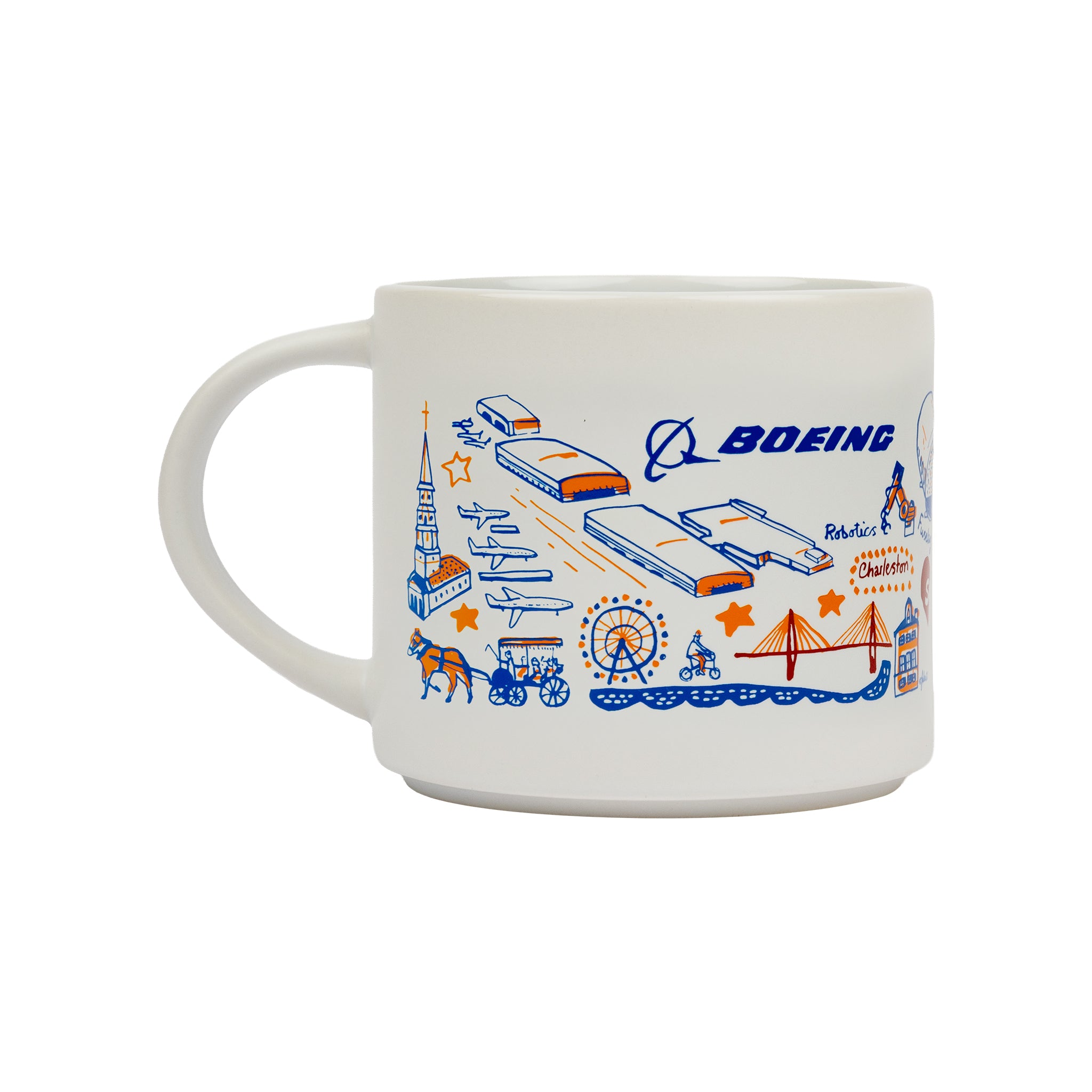 The BOEING South Carolina Destination Riviera Mug is a white mug adorned with blue and orange illustrations of airplanes, buildings, a Ferris wheel, a bridge, and the Boeing logo. With its playful, doodle-inspired style reminiscent of Julia Gash art, this mug is the perfect gift for anyone who loves bright and whimsical coastal living in South Carolina.