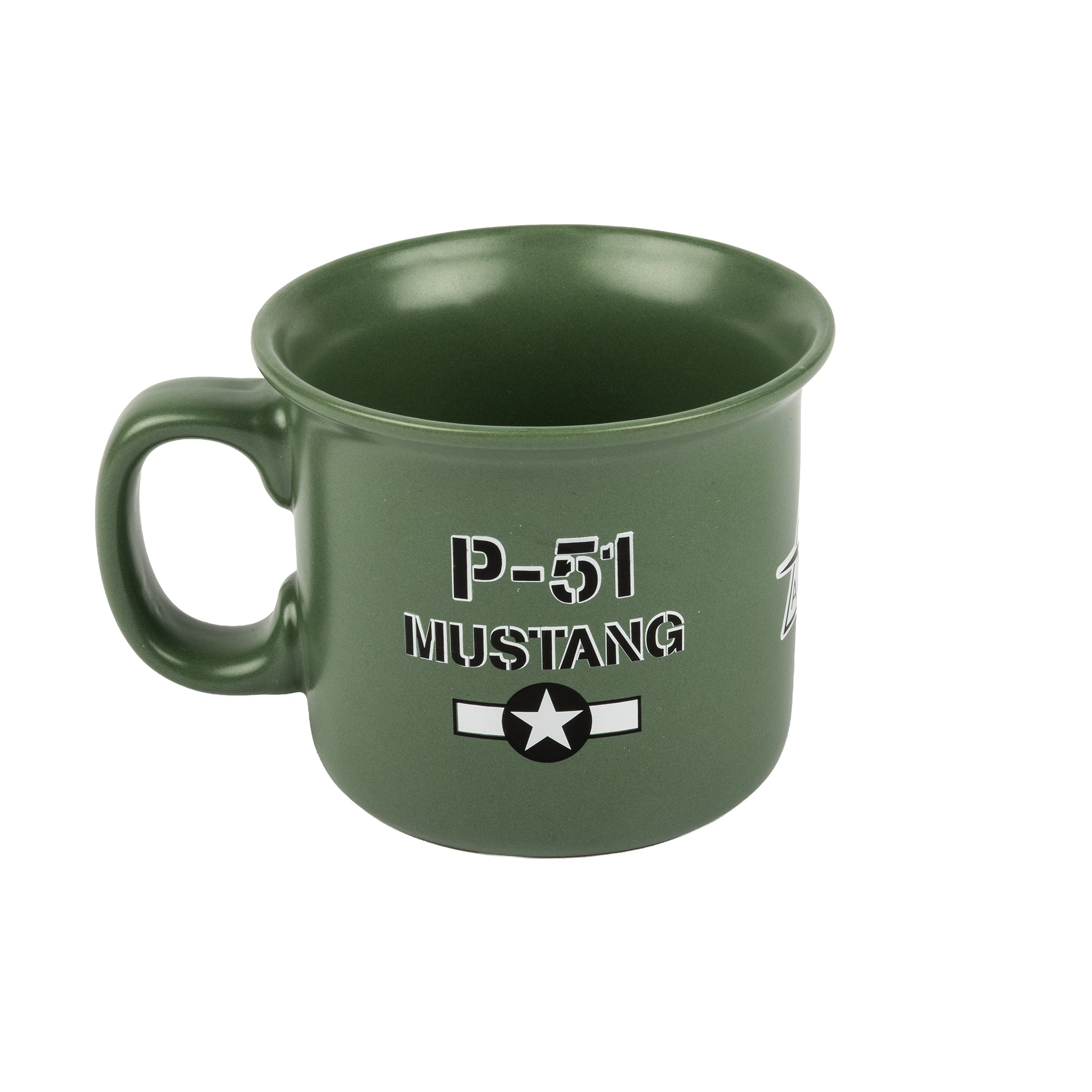 Introducing the BOEING P-51 Mustang 14 oz Mug—a green ceramic mug with a handle, featuring white and black star emblem graphics and "P-51 MUSTANG" text on the side. This stylish tribute to the legendary fighter aircraft is perfect for aviation enthusiasts.