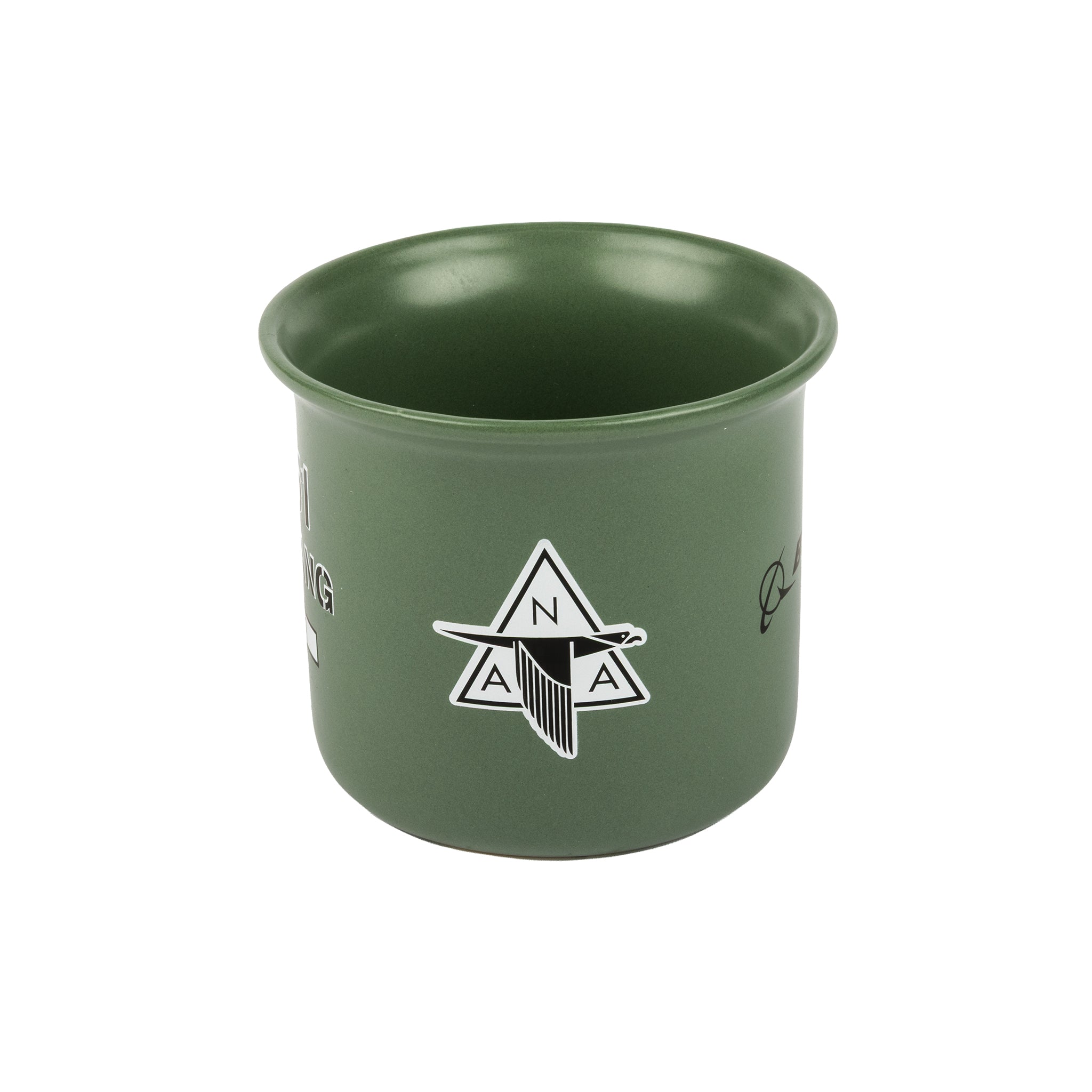 A green 14 oz Boeing P-51 Mustang mug by BOEING, featuring a NASA-inspired logo with a stylized plane and triangle reminiscent of the iconic P-51 Mustang. The mug has a smooth finish and is photographed against a white background.