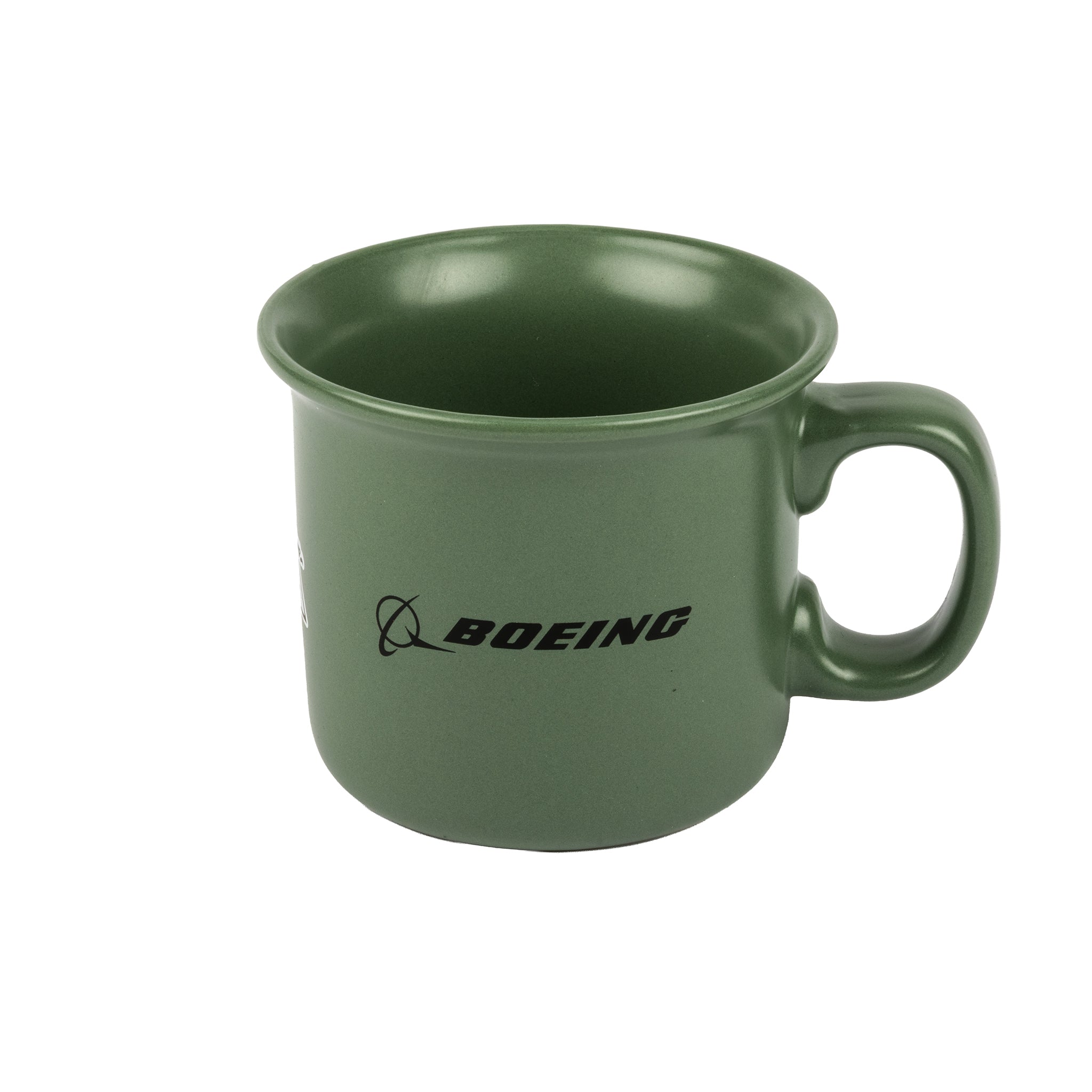 Enjoy your favorite beverage with the Boeing P-51 Mustang 14 oz Mug by BOEING—a green ceramic mug with a handle, showcasing the Boeing logo and black text on the side. Set against a white background, this mug is a perfect tribute for fans of iconic fighter aircraft like the P-51 Mustang.