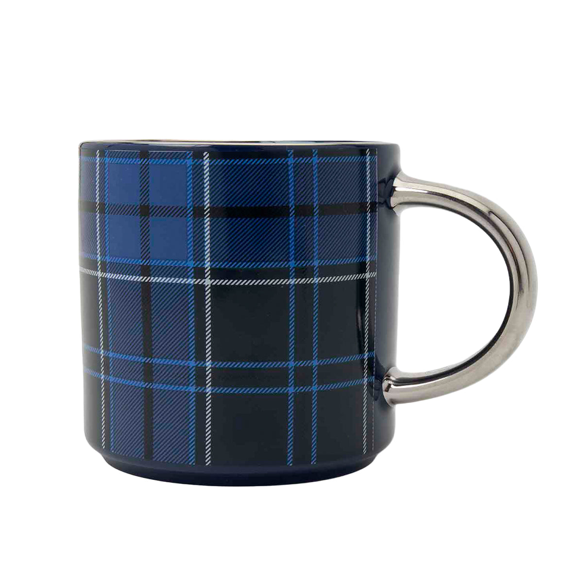 Boeing Tartan 2026 Jet Snowflake Ceramic Mug with a blue and black plaid pattern and a silver handle.