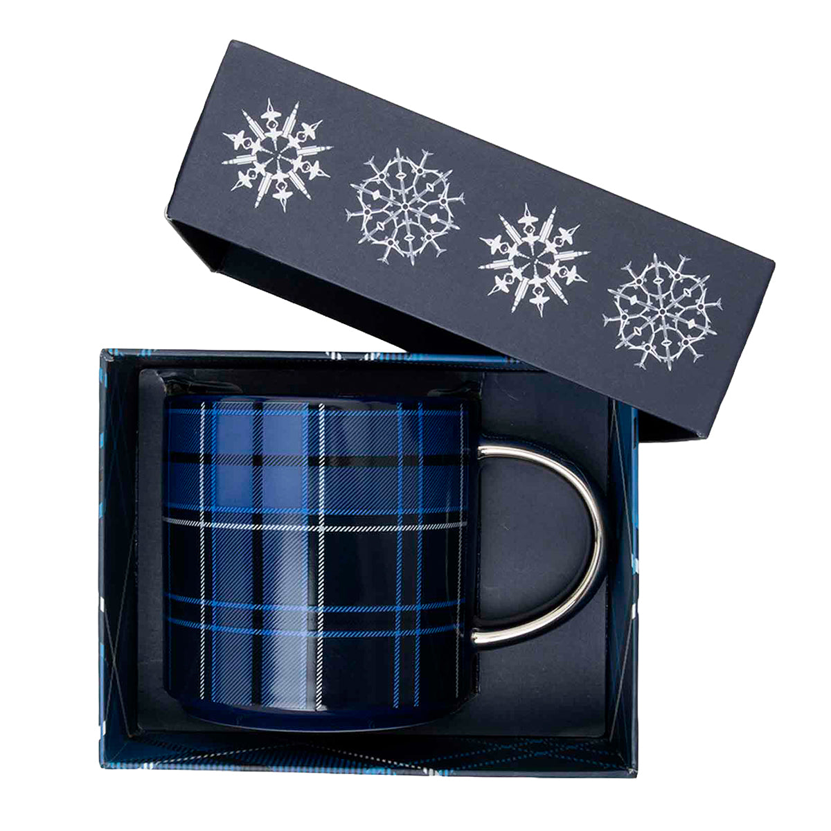 Boeing Tartan 2026 Jet Snowflake Ceramic Mug featuring a blue tartan design with a silver handle, presented inside a matching box decorated with white snowflakes.