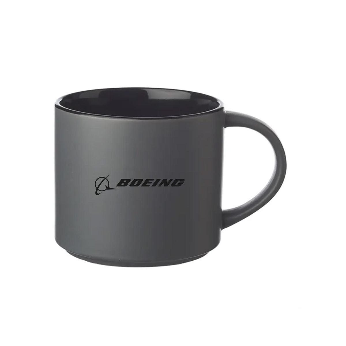 The Boeing Phantom Works Ceramic Matte Mug by BOEING features a matte gray finish and a handle, with the black Boeing logo and text displayed on the side. Photographed against a plain white background, it makes an ideal aerospace gift for any aviation enthusiast.