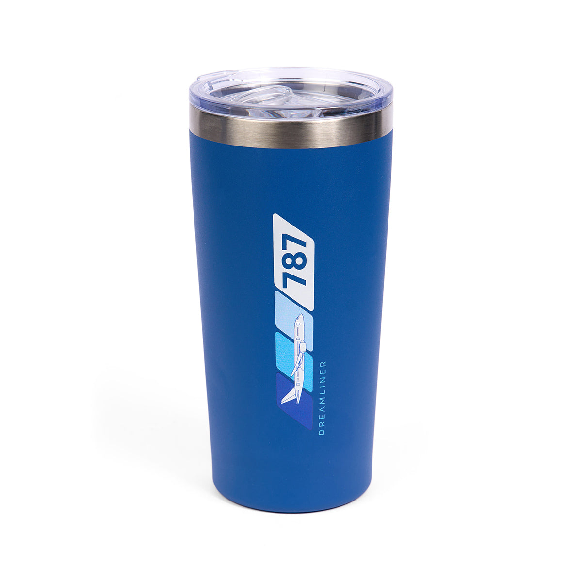 The Boeing 787 Dreamliner Velocity 17 oz. Tumbler, by Boeing, is a blue travel mug with a clear lid featuring a stylized airplane graphic and Boeing 787 Dreamliner text in white. Its stainless steel build and double wall insulation keep your drink hot or cold, highlighted with geometric shapes and an aircraft silhouette.