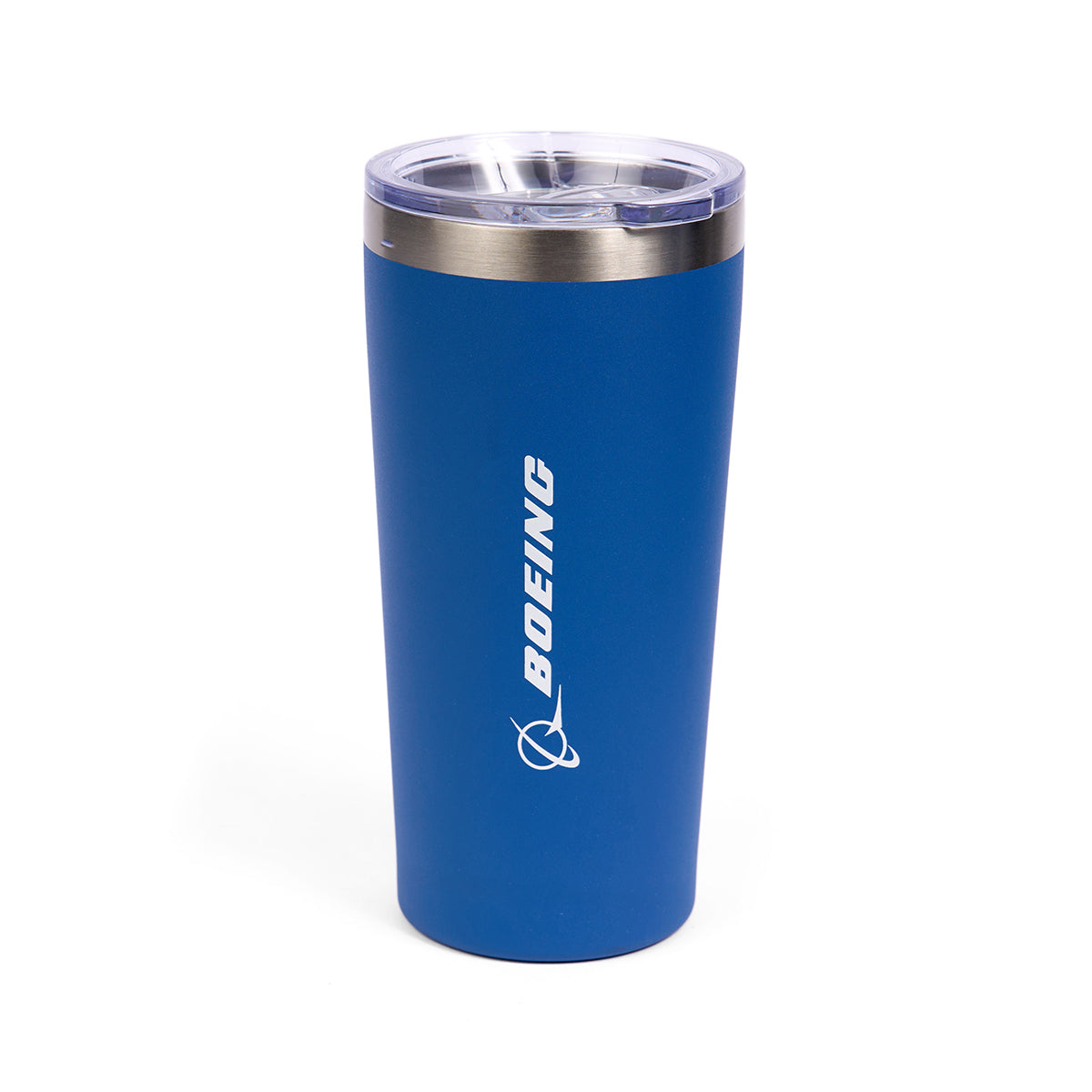 The Boeing F/A-18 Super Hornet Velocity 17 oz. Tumbler features a blue design with a clear lid, silver rim, and the BOEING logo in white. Made from stainless steel with double-wall insulation, it is showcased against a plain white background for an elegant look.