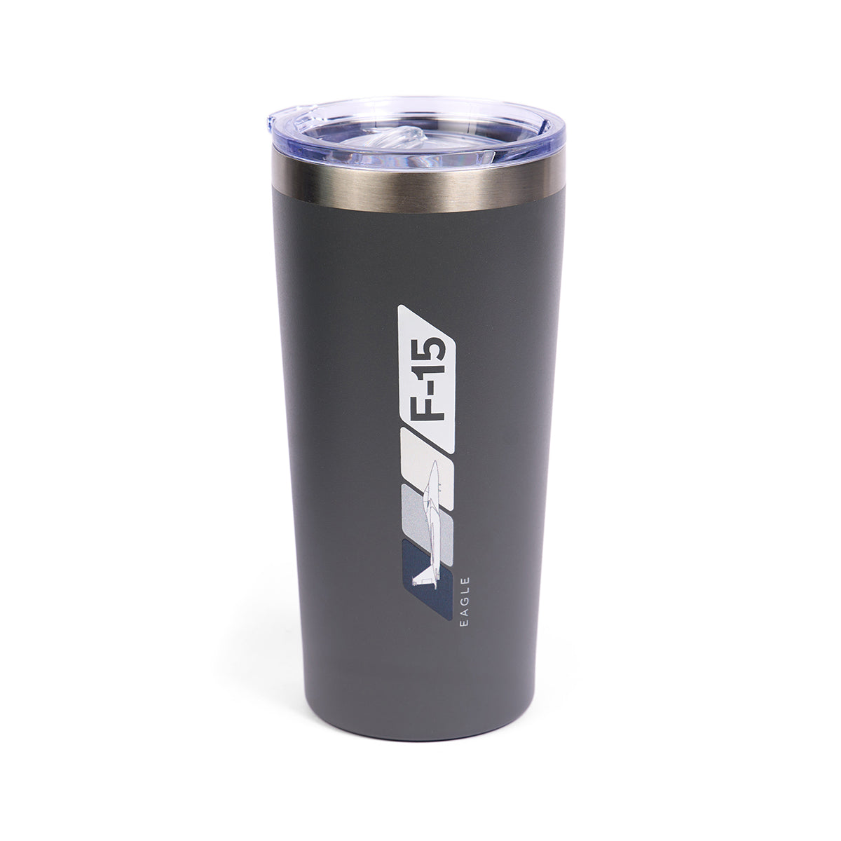 The Boeing F-15 Eagle Velocity 17 oz. Tumbler, in dark gray, features an illustration of the aircraft and bold white F-15 text. Its a double-wall insulated stainless steel thermos with a clear plastic lid and sleek stainless steel rim at the top.