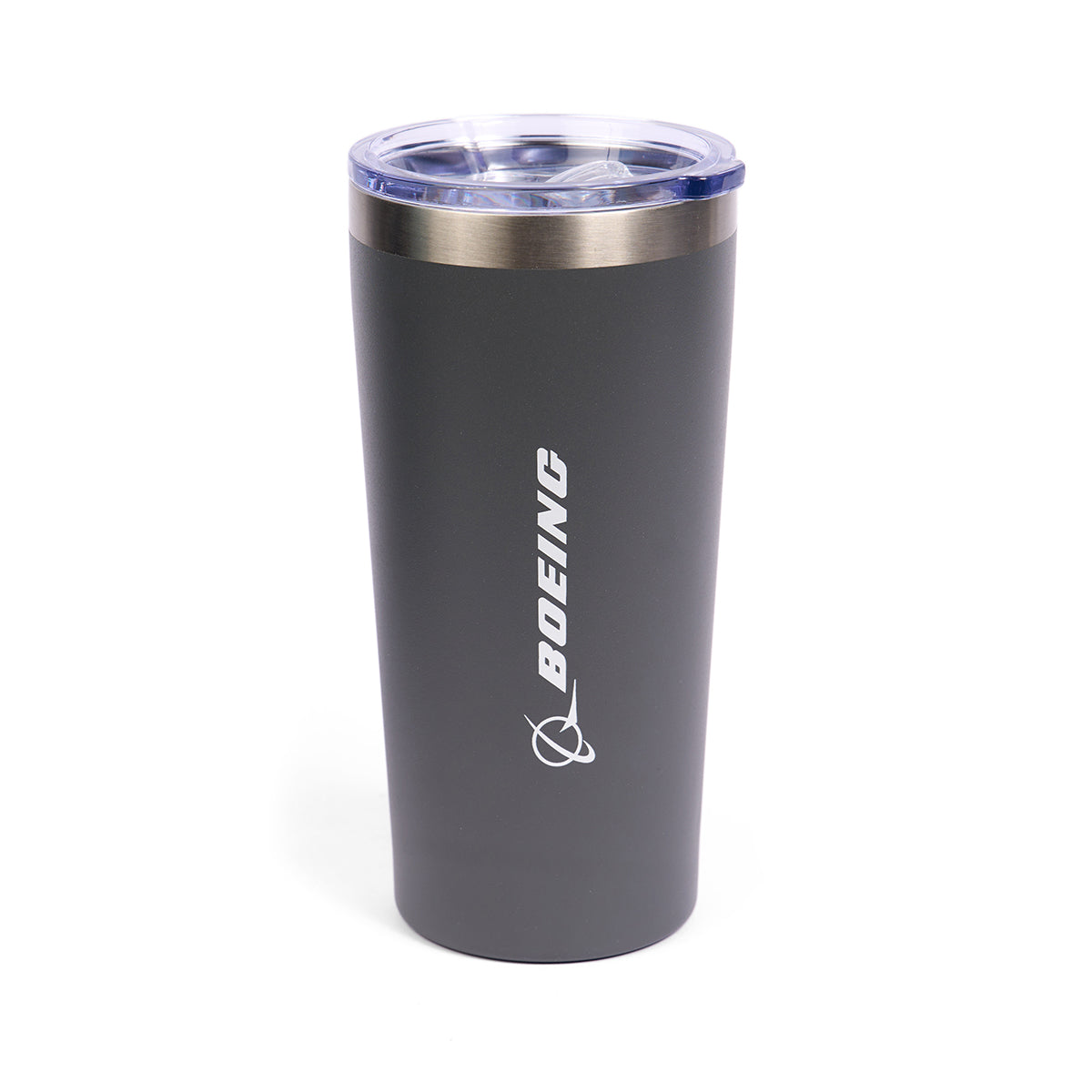 The Boeing F-15 Eagle Velocity 17 oz. Tumbler features a black double-wall insulated design with a transparent lid and the Boeing logo in white vertically on its side, standing upright against a plain white background, reminiscent of the sleek Boeing F-15.