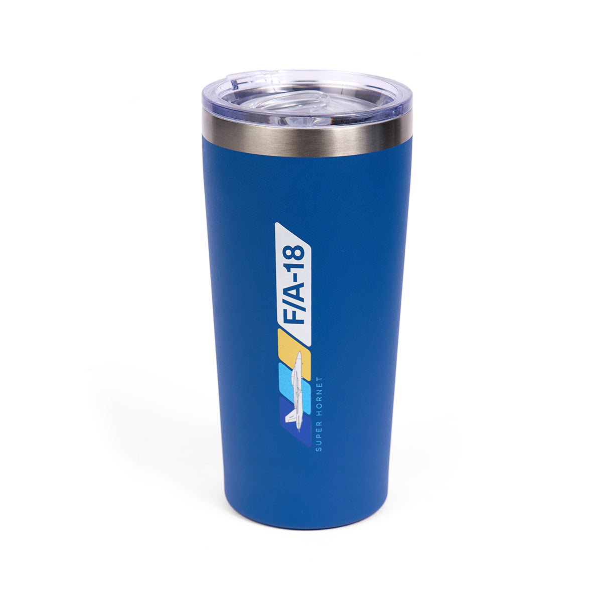 The Boeing F/A-18 Super Hornet Velocity 17 oz. Tumbler is a blue double wall insulated travel cup with a clear lid, featuring F/A-18 and a stylized graphic of the Boeing F/A-18 Super Hornet alongside the words SUPER HORNET.