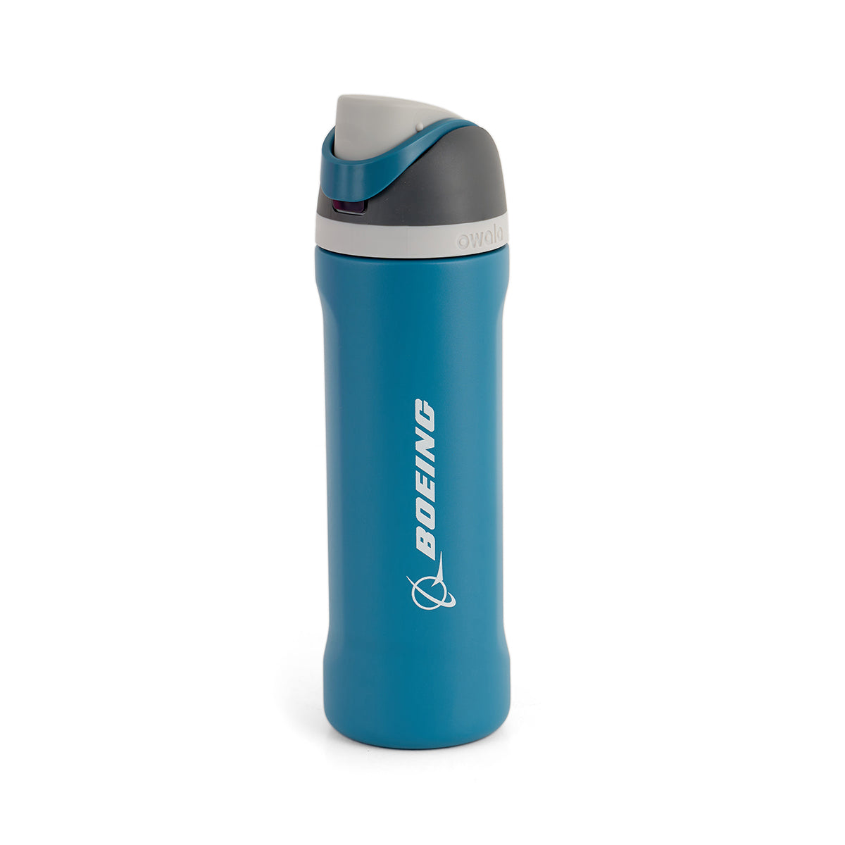 A blue water bottle with a grey flip-top lid, featuring the Boeing logo in white. The design is sleek and modern, conveying simplicity and functionality.