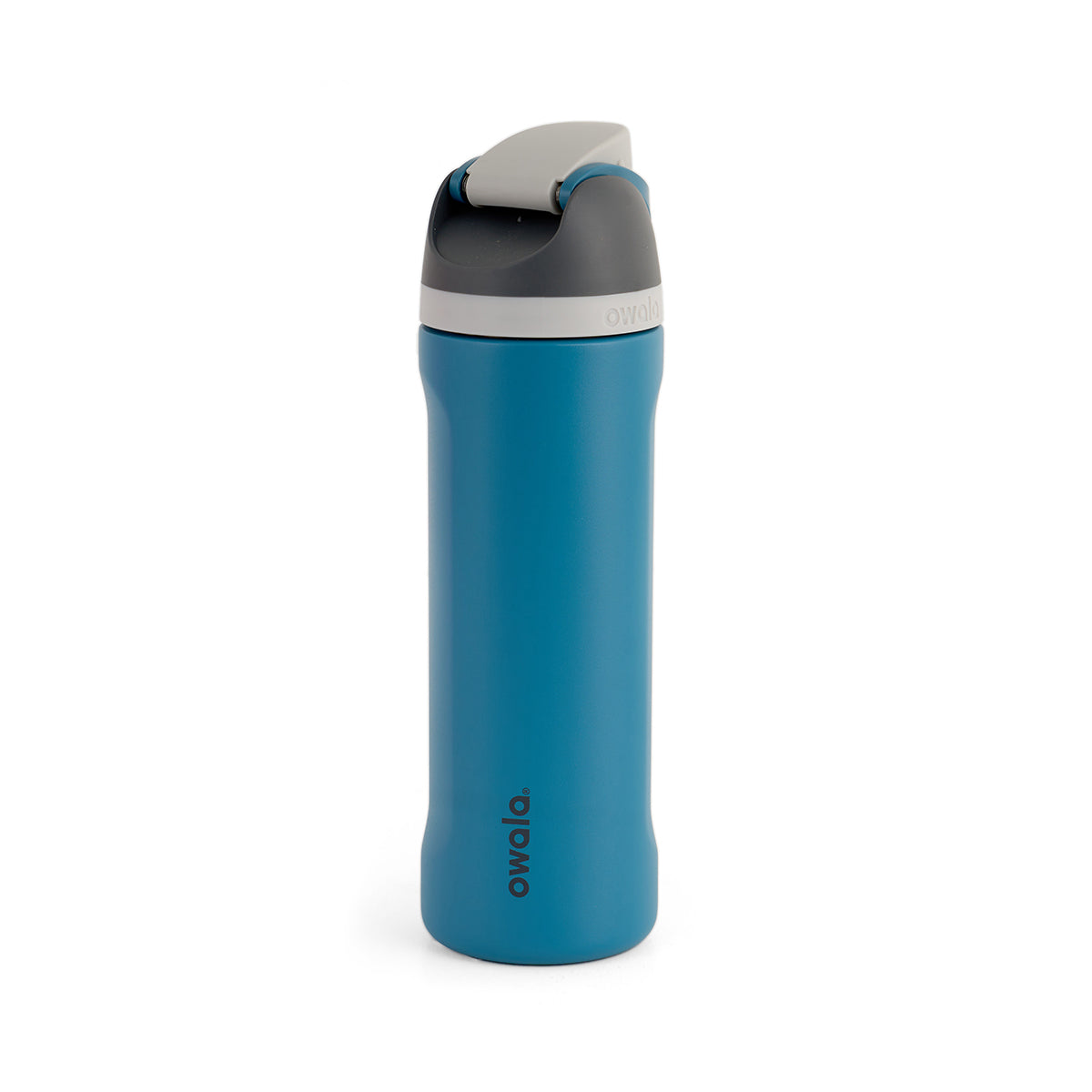 A sleek blue water bottle with a gray flip-top lid and ergonomic design. The brand name "Owala" is printed near the bottom, conveying a modern, functional style.
